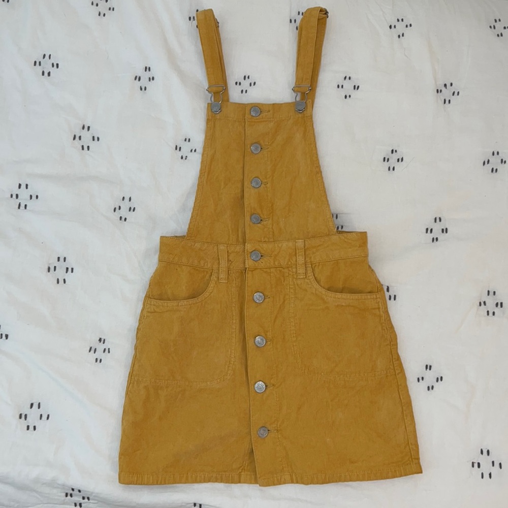 Yellow Corduroy Button-up Overall dress with silver accents